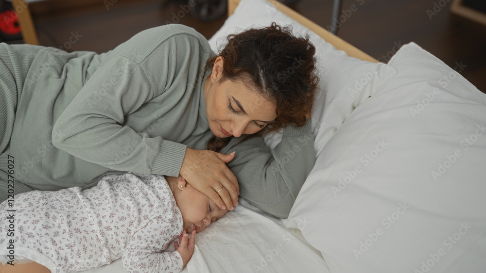 Mother gently rests with her toddler daughter on a cozy bed in a warm, serene bedroom, embodying love, family, and togetherness in an intimate indoor home setting. Mother gently rests with her toddler daughter on a cozy bed in a warm, serene bedroom, embodying love, family, and togetherness in an intimate indoor home setting.