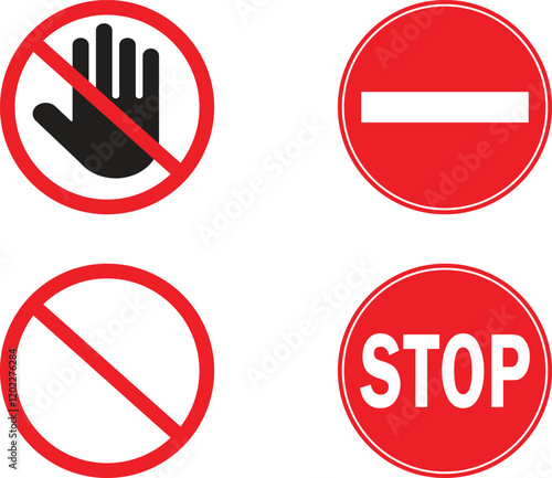 Set Do Not Enter. No Entry Signs with red forbidden signs don't touch. No entry hand red label or sticker. Ban or prohibited sign. design in trendy style. Vector illustration
 