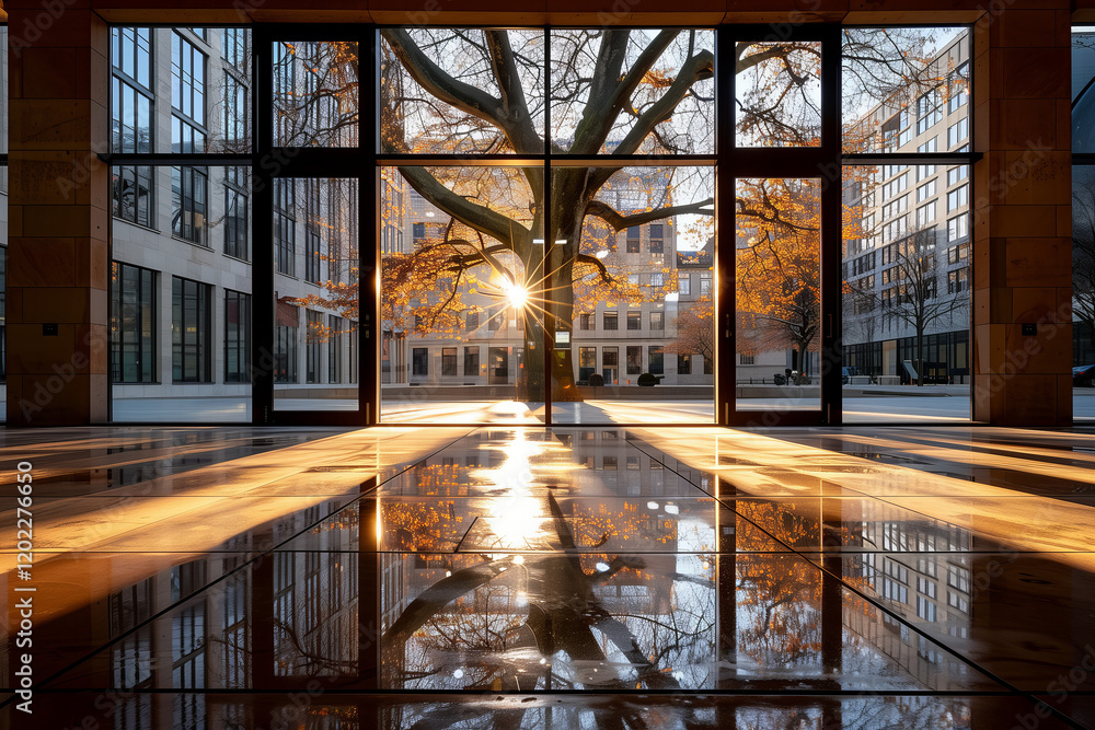 Golden Sunset Illuminating a Cityscape Through Large Building Windows Golden Sunset Illuminating a Cityscape Through Large Building Windows