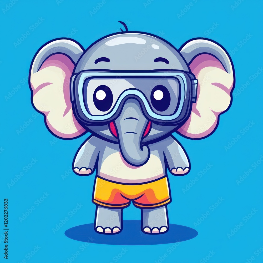 Cute elephant in swim goggles, summer fun, blue background, kids illustration