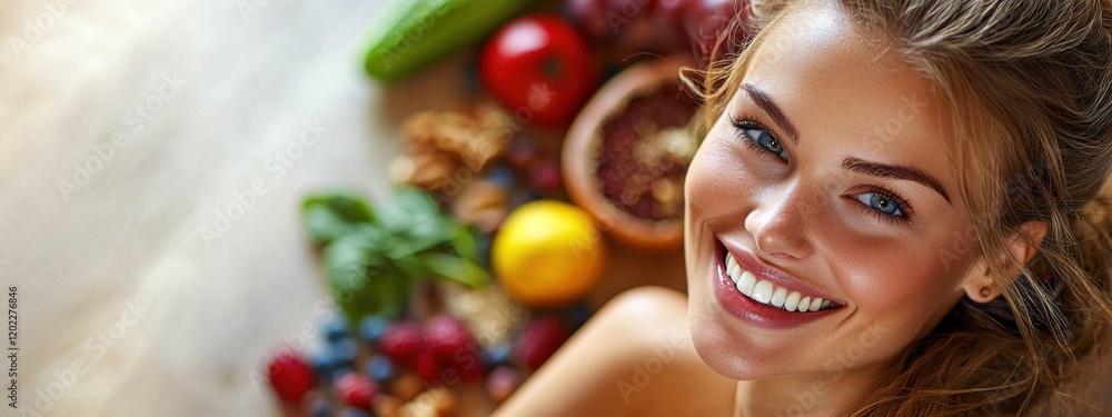 Beauty portrait of a woman surrounded by various healthy food lying on the floor. Healthy eating and sports lifestyle concept Beauty portrait of a woman surrounded by various healthy food lying on the floor. Healthy eating and sports lifestyle concept