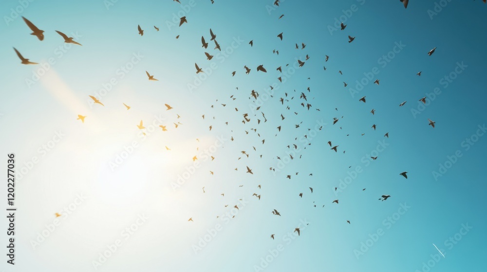 Flock of migrating birds flying across clear blue sky, wildlife migration patterns Flock of migrating birds flying across clear blue sky, wildlife migration patterns