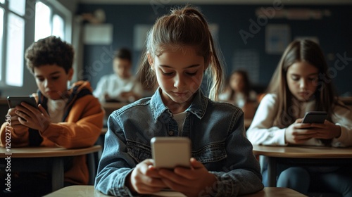 A young Caucasian girl focused on her smartphone in a classroom setting, surrounded by peers engaging with their devices. photo