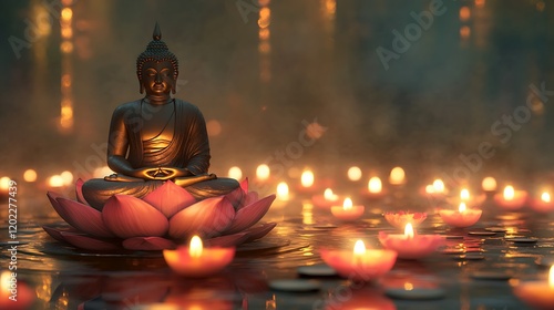 Gautama Buddha sitting on a lotus in a serene temple, surrounded by glowing candles, symbolizing spiritual energy and peace
