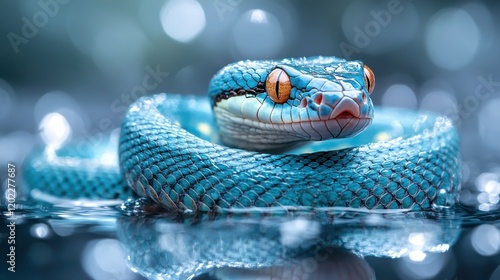 A coiled blue serpent poised elegantly with its head lifted above bokeh-adorned water, showcasing its striking scales and captivating gaze in a stunning scene. photo