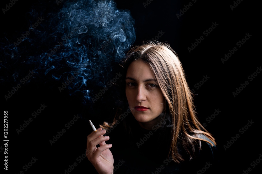 Obraz premium Young woman smoking cigarette on black background