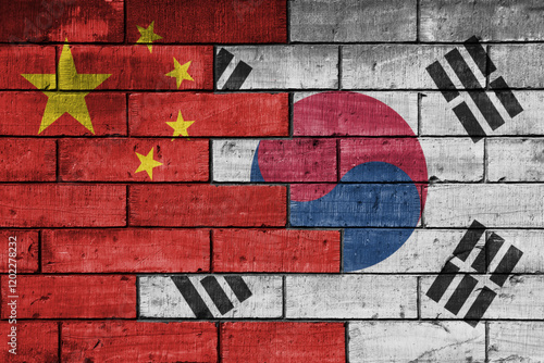 Canvas Print colourful painted big flag of china and flag of south korea on a massive old brick wall background