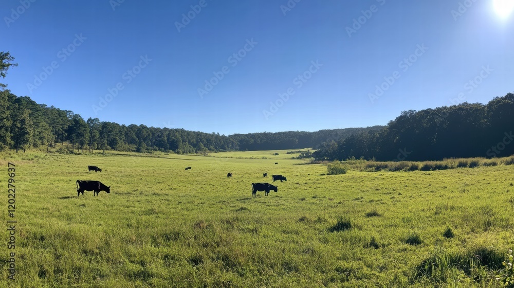 Cows grazing peacefully on a lush green meadow under clear blue skies in a serene countryside setting. Generative AI Cows grazing peacefully on a lush green meadow under clear blue skies in a serene countryside setting. Generative AI