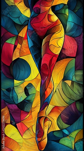 Vibrant abstract vector of pointe shoes a dancer performing a relev on a colorful background with swirling lines