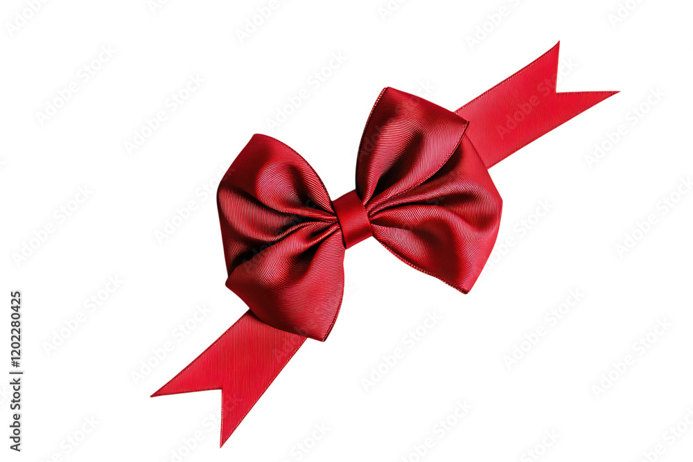 Eye-catching red bow with diagonally arranged ribbon and realistic shadows on white Eye-catching red bow with diagonally arranged ribbon and realistic shadows on white