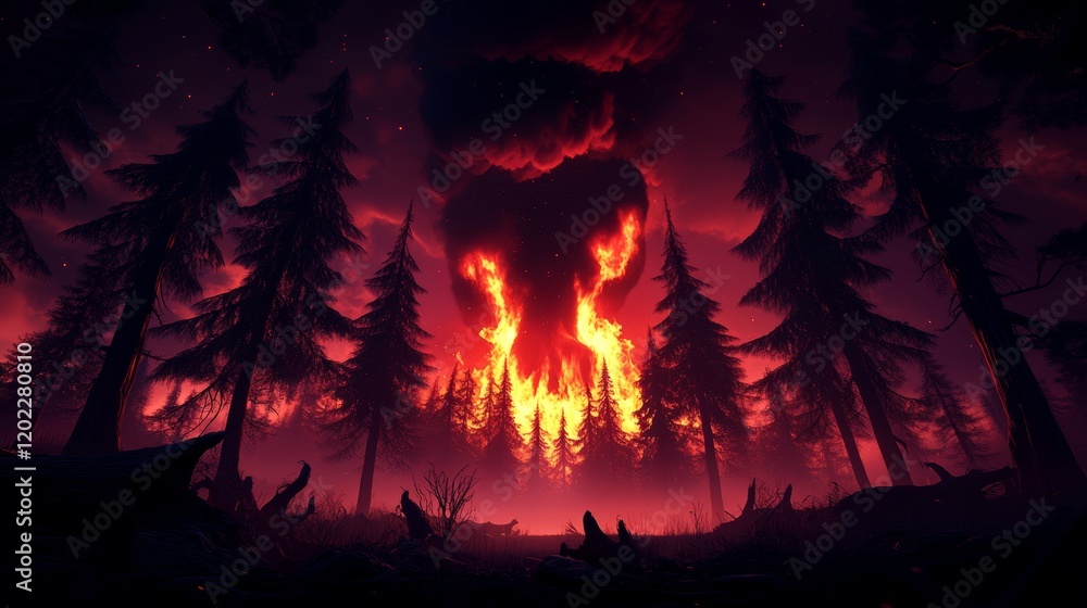 Obraz premium Sunset Blaze: Forest Fire Illuminating the Woods 9