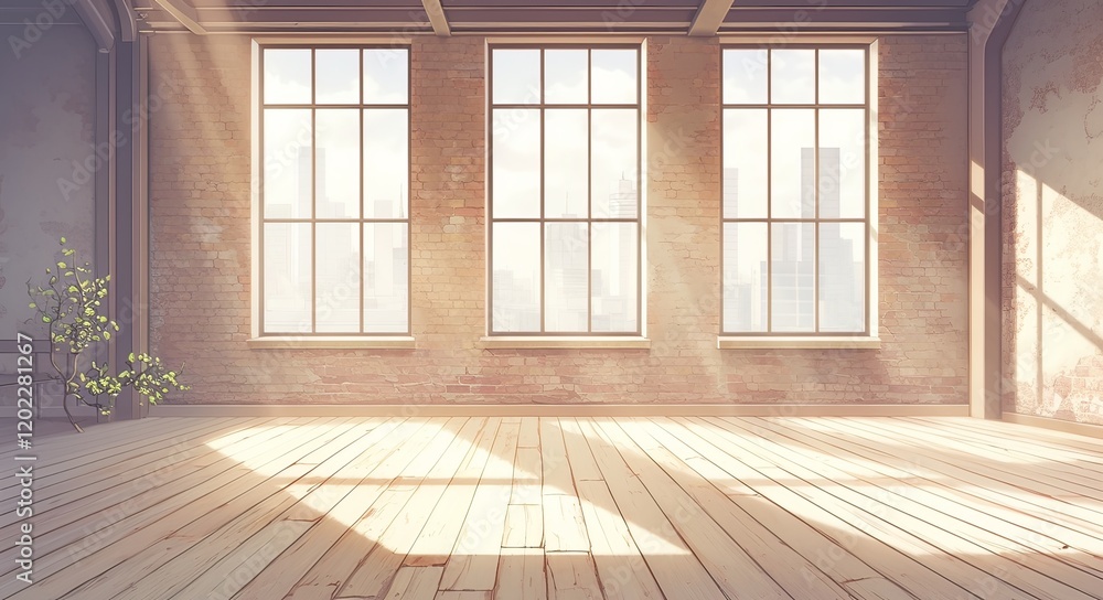 Bright, empty room with light wood floors and white brick walls, large windows offering city skyline views, ideal for showcasing flooring options. Bright, empty room with light wood floors and white brick walls, large windows offering city skyline views, ideal for showcasing flooring options.