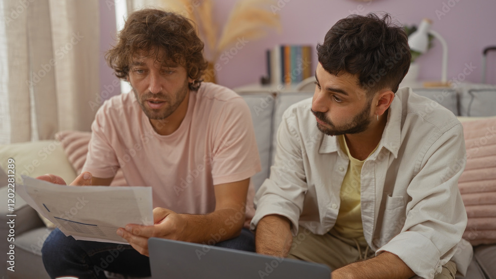 Two men discussing documents in a cozy living room environment, highlighting a nurturing atmosphere of family and friendship Two men discussing documents in a cozy living room environment, highlighting a nurturing atmosphere of family and friendship