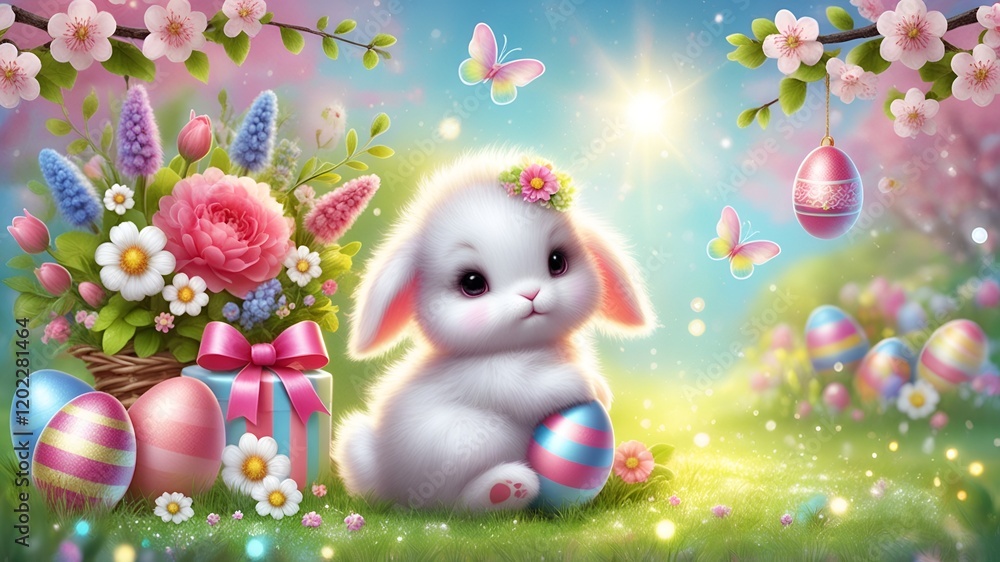 A cute, fluffy bunny in 3D, with soft, pastel colors. The background is a vibrant, springtime scene with blooming flowers, colorful Easter eggs, and a bright, sunny sky. 