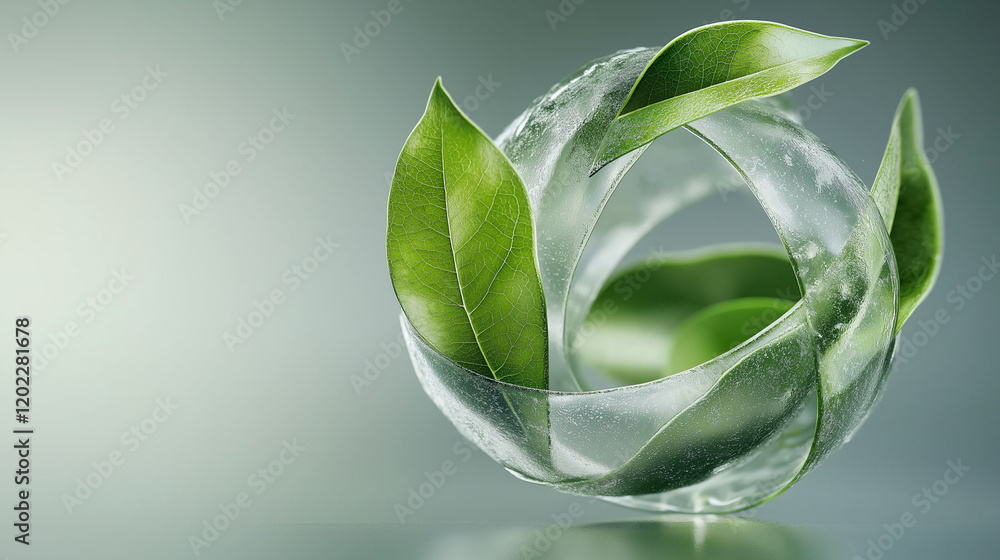 Fototapeta premium An abstract design of interlocking green leaves forming a circular symbol of sustainability.