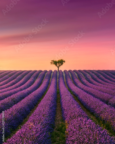 Blooming lavender field and trees at sunset in Valensole. Provence, France photo