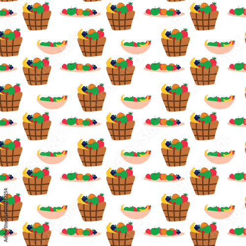 
Background with fruits in a basket and tray.
