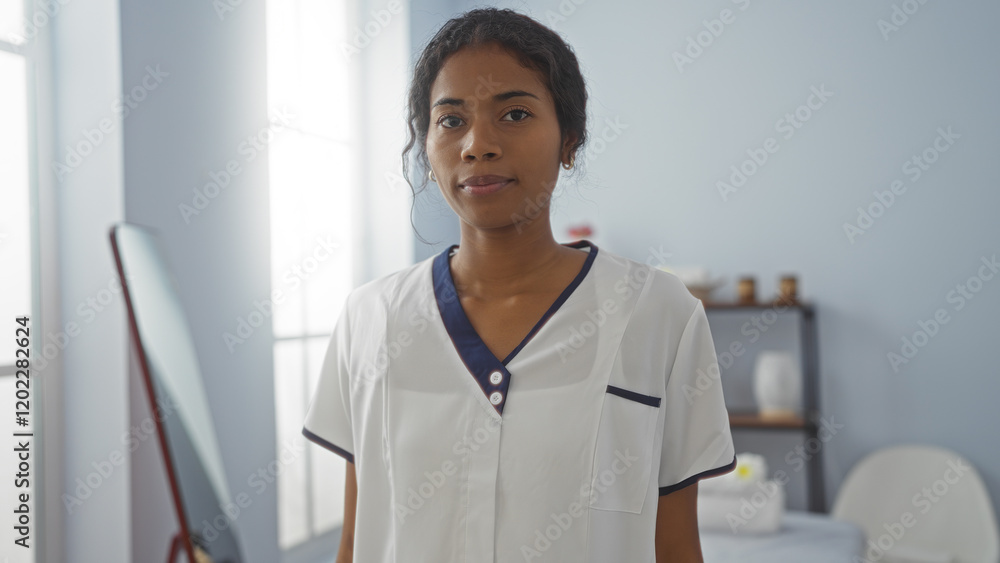 Young, african, american, woman, standing, indoors, at, spa, salon, wellness, center, wearing, uniform, with, subtle, expression, in, modern, beauty, treatment, room Young, african, american, woman, standing, indoors, at, spa, salon, wellness, center, wearing, uniform, with, subtle, expression, in, modern, beauty, treatment, room