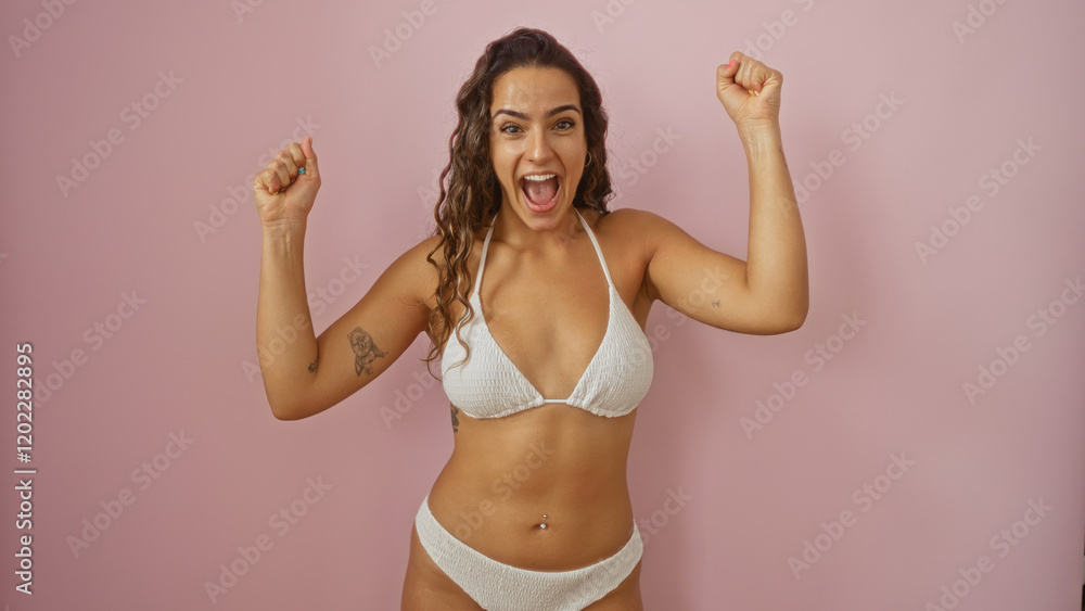 Attractive young woman in white bikini celebrating against isolated pink background Attractive young woman in white bikini celebrating against isolated pink background