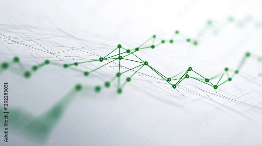 Abstract data visualization with green lines and points representing growth and trends. Abstract data visualization with green lines and points representing growth and trends.