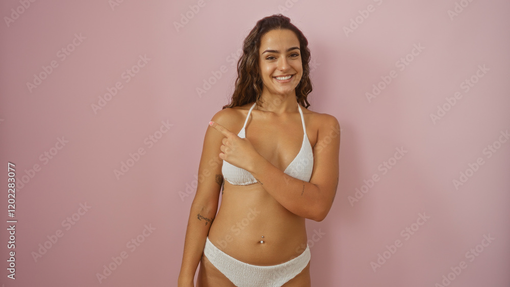 Fototapeta premium Attractive young hispanic woman in a bikini pointing and smiling against a pink background wall