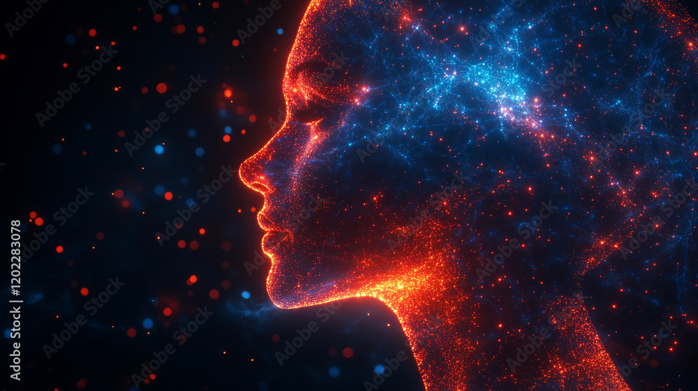 Fototapeta premium Glowing neural connections forming a human and robot silhouette, abstract and clean. Bright lighting, contrast