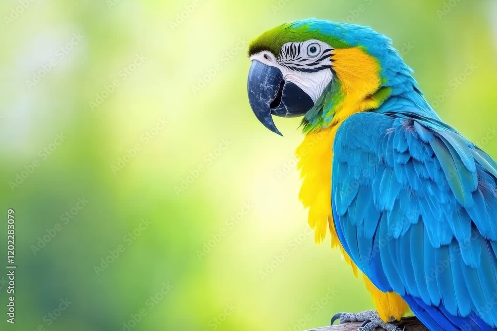 Fototapeta premium Vibrant macaw parrot perched on a branch in a lush green environment showcasing royal blue, teal, and golden-yellow feathers