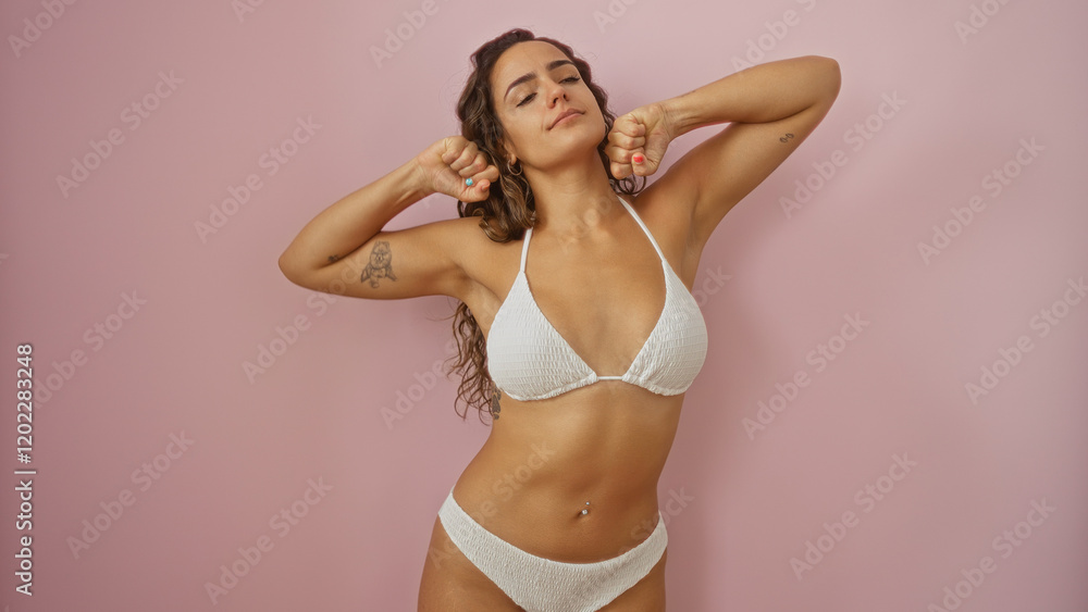 Fototapeta premium Young woman stretching in a white bikini over a pink wall isolated background, showcasing relaxation and confidence