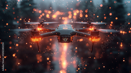 AI-powered autonomous drone hovering with glowing data streams. Bright lighting, contrast