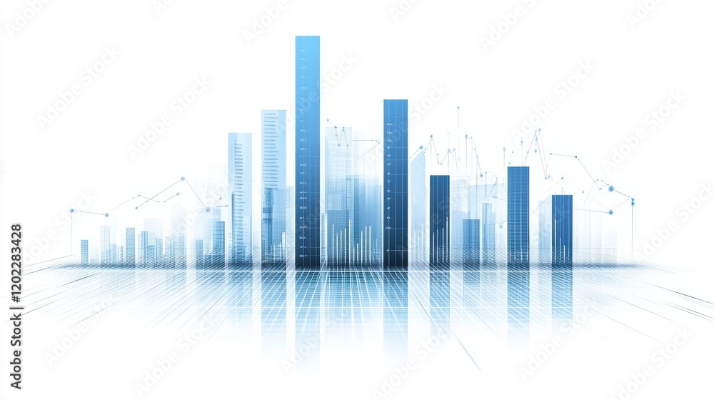 Abstract depiction of business growth with blue bar graphs and digital elements. Abstract depiction of business growth with blue bar graphs and digital elements.