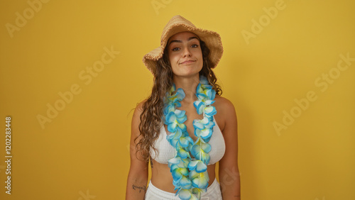 Young woman with brunette hair wearing summer hat and blue lei against a yellow background photo