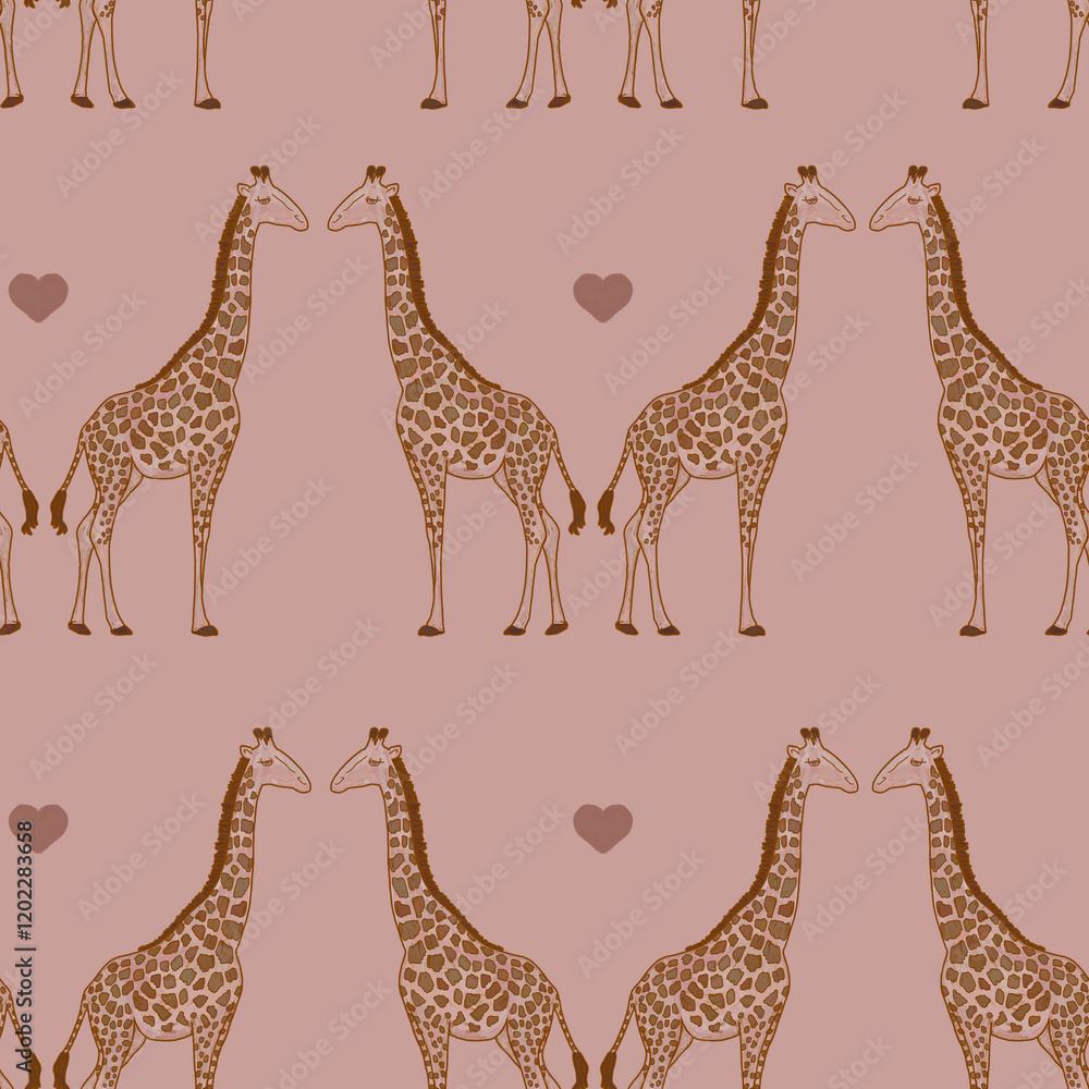 Obraz premium Giraffes and love. Valentine hearts festive love pattern.