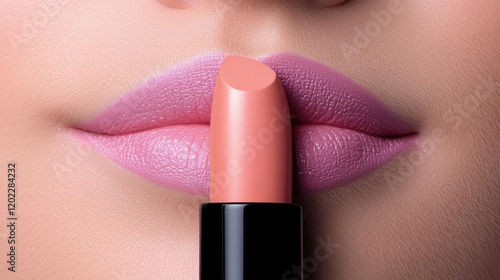 Close-up of lips applying peach lipstick. Beauty, makeup, cosmetic advertisement photo