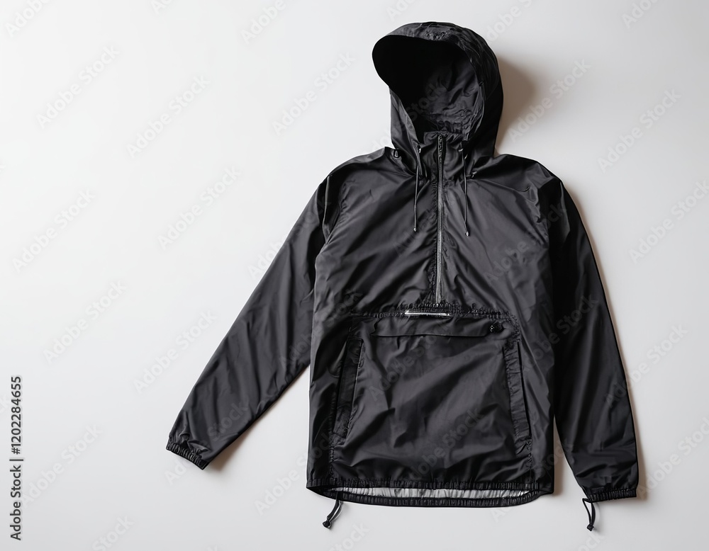 Black lightweight jacket with a hood and front pocket, perfect for casual outings or layering.