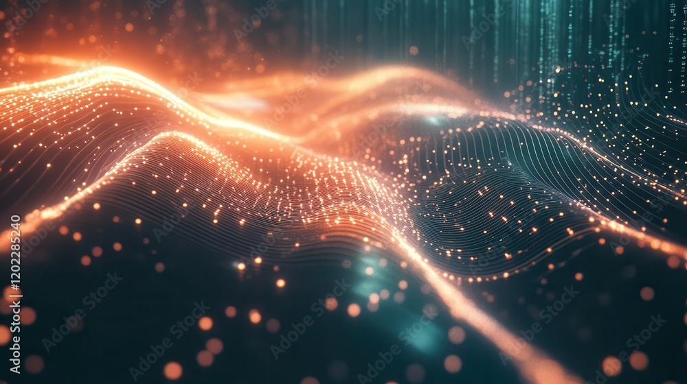 Abstract digital waves with glowing particles in vibrant colors, representing data flow. Abstract digital waves with glowing particles in vibrant colors, representing data flow.