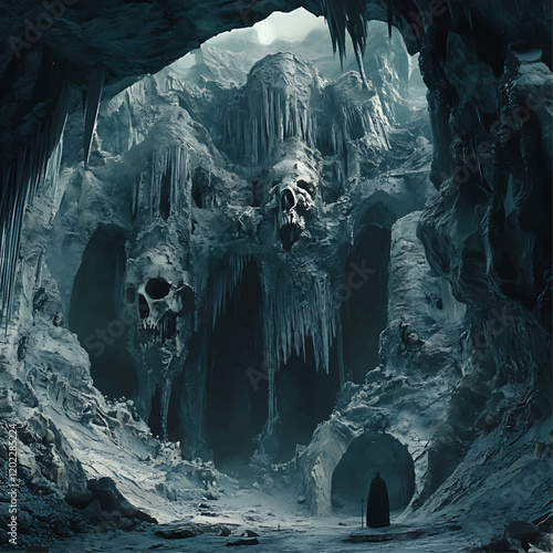 there is a man standing in a cave with a skull on the wall