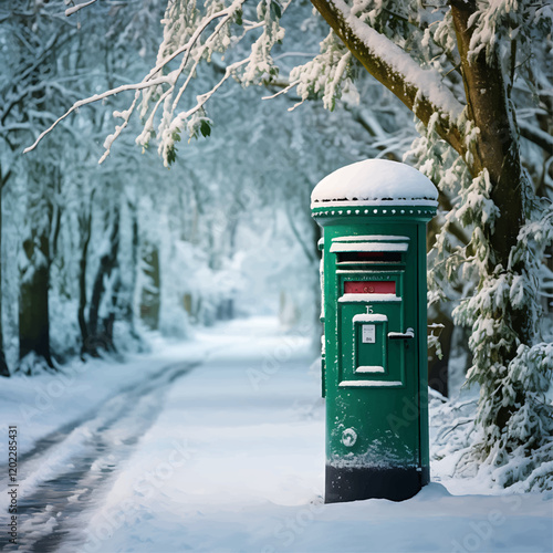 there is a green post box sitting in the middle of a snowy road