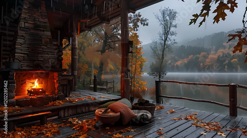 there is a fire place on the deck of a cabin