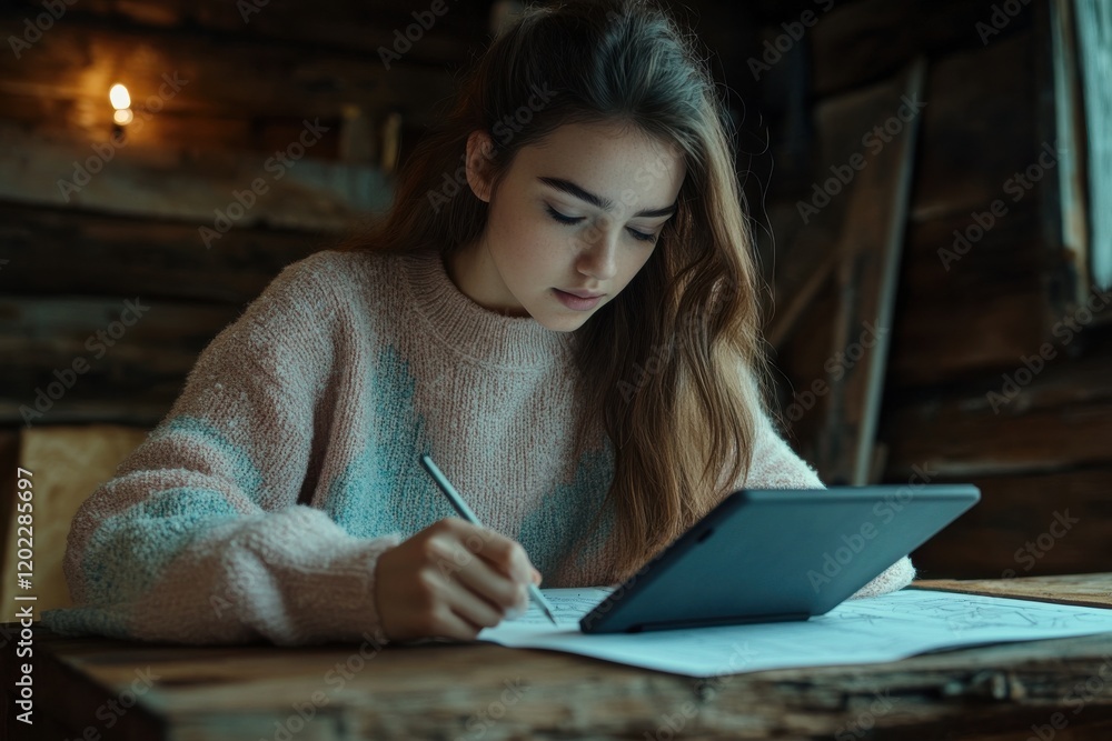 Serious young female designer sketches interior plans at desk Serious young female designer sketches interior plans at desk