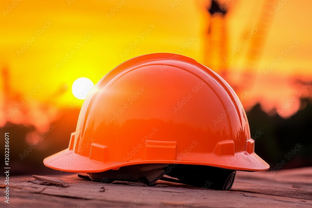 Construction helmet resting on wooden planks during a vibrant sunset with cranes in the background Construction helmet resting on wooden planks during a vibrant sunset with cranes in the background