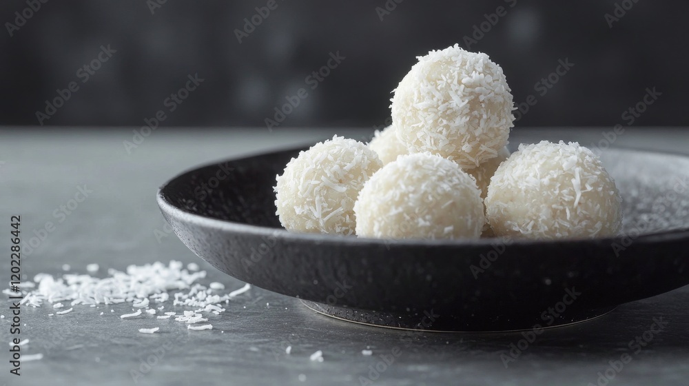 A minimalistic arrangement of homemade energy balls coated in coconut on a black plate, with scattered coconut flakes nearby A minimalistic arrangement of homemade energy balls coated in coconut on a black plate, with scattered coconut flakes nearby