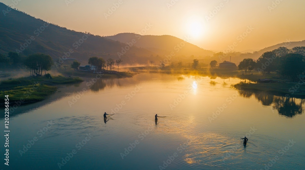 Fototapeta premium Golden Sunrise Over Calm Lake With Fishermen