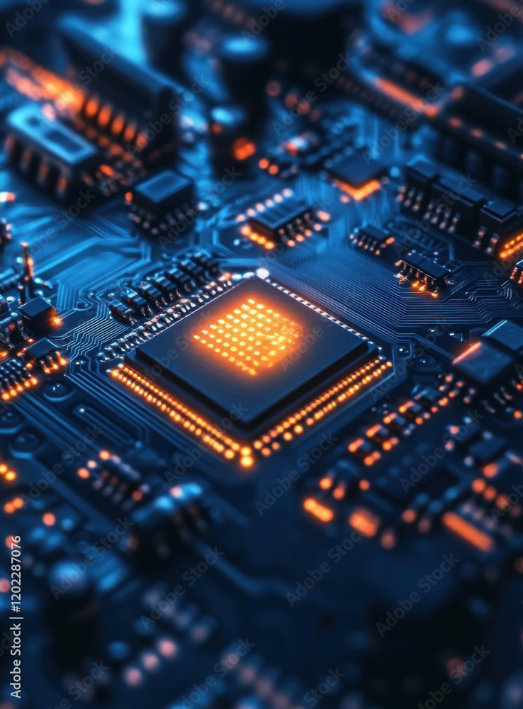 Fototapeta premium Hightech Circuit Board with Glowing Microchip and Blue Connections :