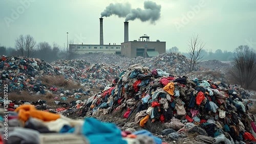 Textile Waste Pile with Industrial Factory in Background