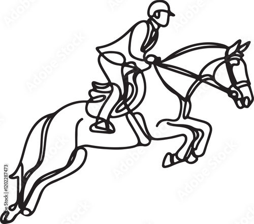 Line Drawing of Horse Rider Jumping - Vector Equestrian Art