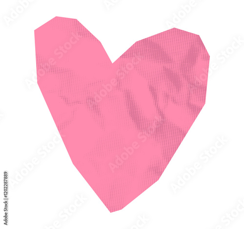 Pink heart halftone collage element. Crumpled paper clipping shape, cut out romantic love sticker. Modern retro vector illustration for mixed media design on transparent background