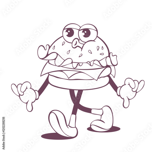 Retro groovy burger line art mascot, funky 70s character