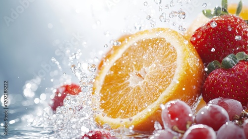 An appealing composition of an orange slice and strawberries in a refreshing water splash, symbolizing natural freshness and thirst-quenching delight. photo