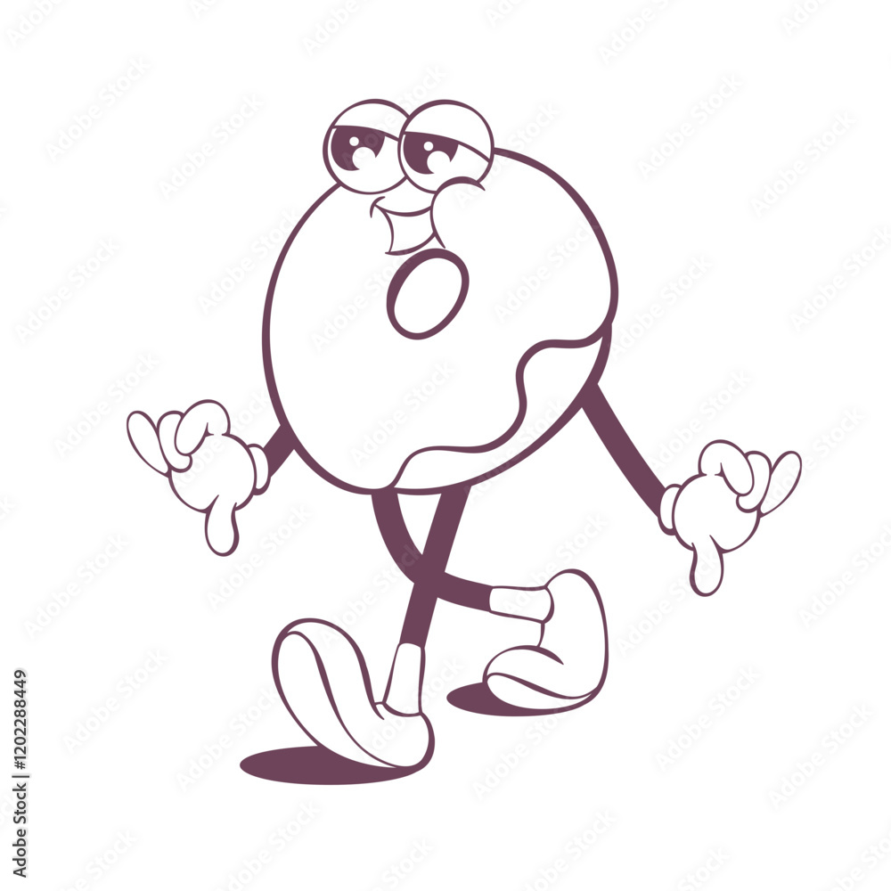 Obraz premium Retro groovy donut line art mascot, funky 70s character