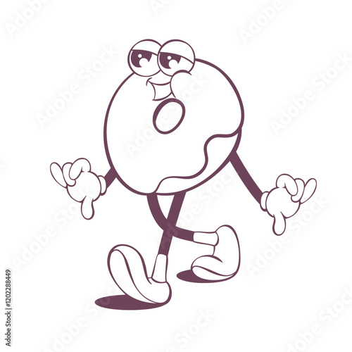 Retro groovy donut line art mascot, funky 70s character